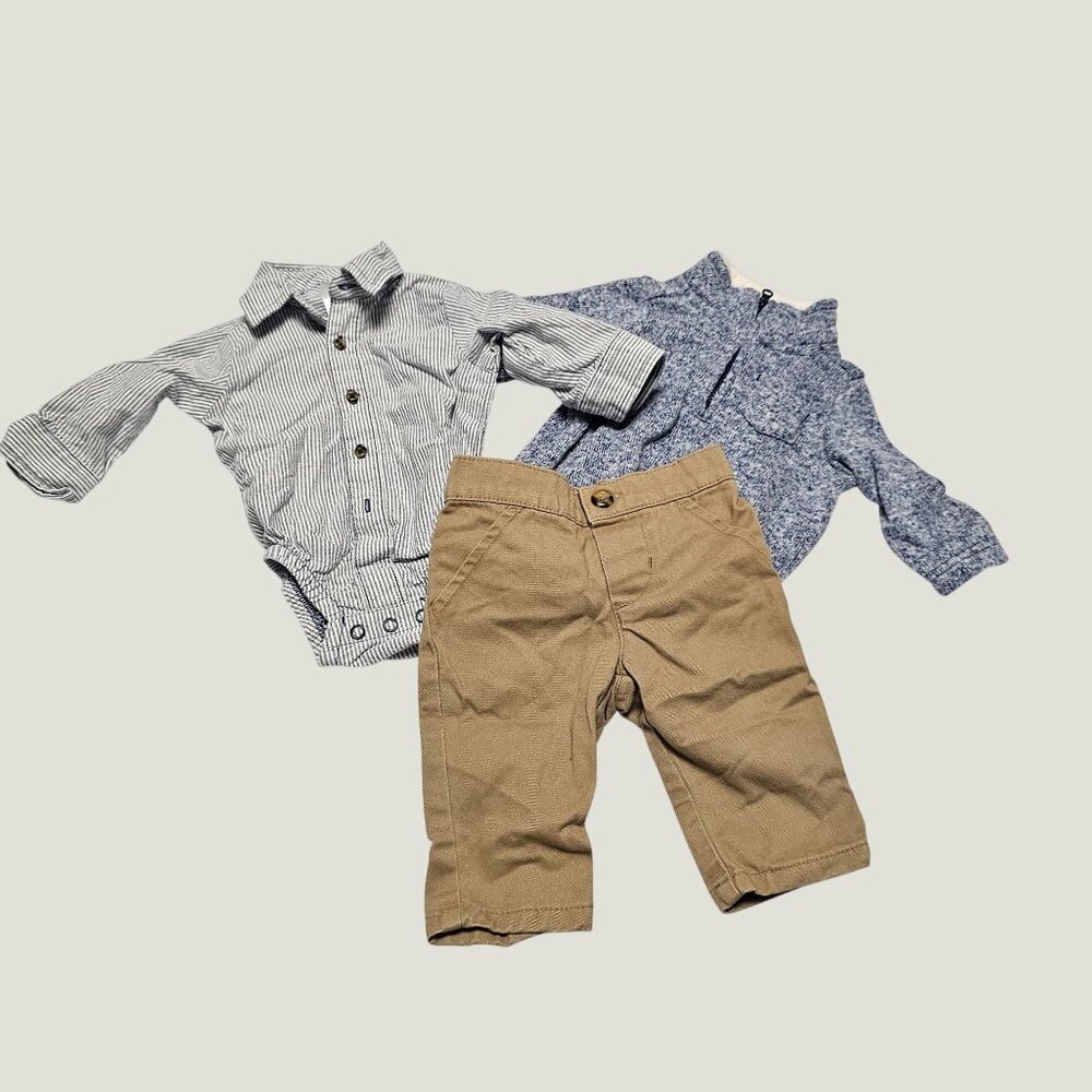 Just One You 3M Baby Boy Outfit Set Striped Shirt Blue Sweater & Khaki Pants